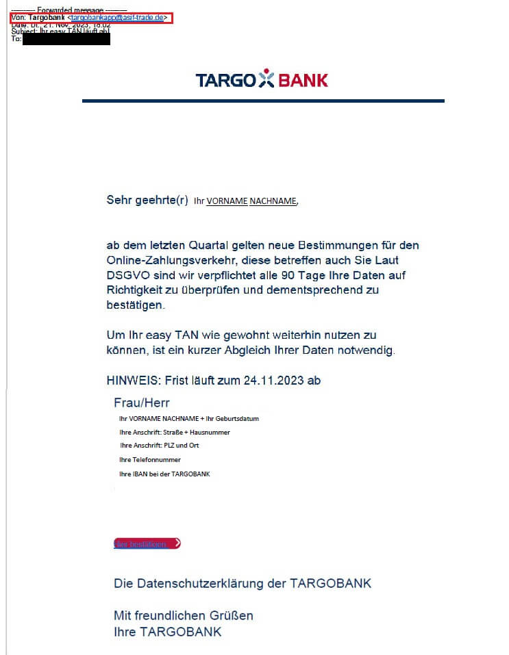 Screenshot der Phising-E-Mail