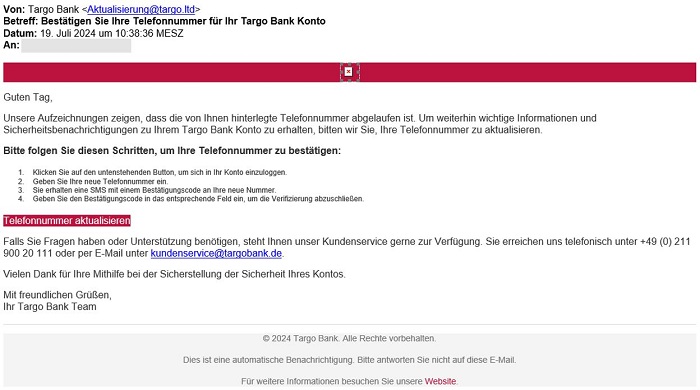 Screenshot der Phising-E-Mail