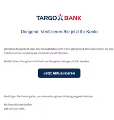 Betrügerische SMS, die dazu auffordert einen Link anzuklicken, damit die TARGOBANK-App Registrierung nicht abläuft