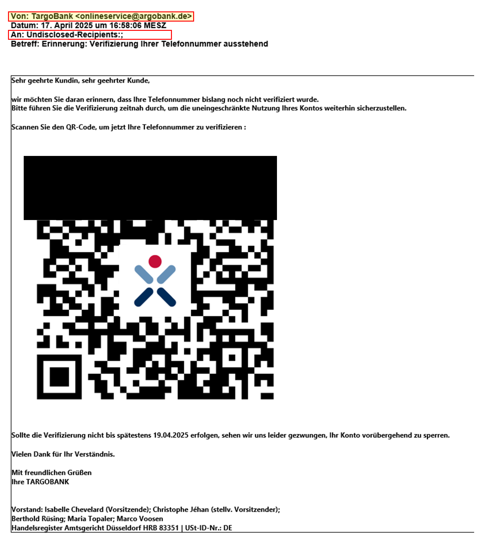 Betrügerische SMS, die dazu auffordert einen Link anzuklicken, damit die TARGOBANK-App Registrierung nicht abläuft